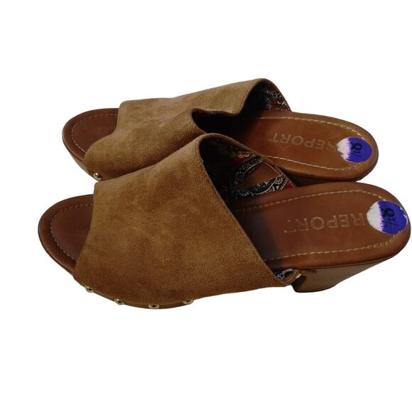 Report Women's Size 8.5 Faux Suede Dark  Tan Slip On Open Toe Block Heel Clogs - Picture 2 of 7